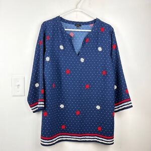 Talbots Navy Blue Nautical Polka Dot Blouse 3/4 Sleeve Tunic